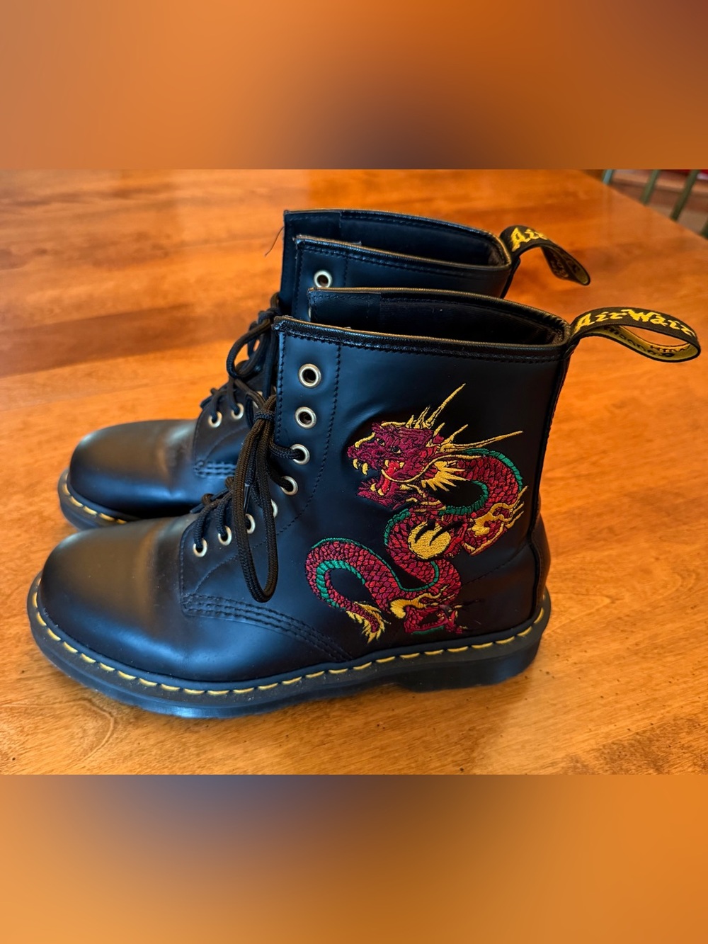 Dr. Martens Black Leather Combat Boots with Red & Green Dragon Embroidery